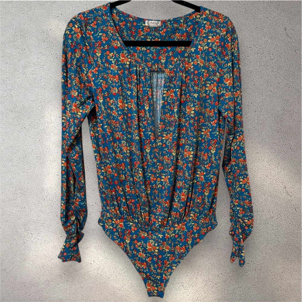Intimately by Free People Kaya Printed Bodysuit Blue Multi Floral Size Medium - Picture 4 of 10